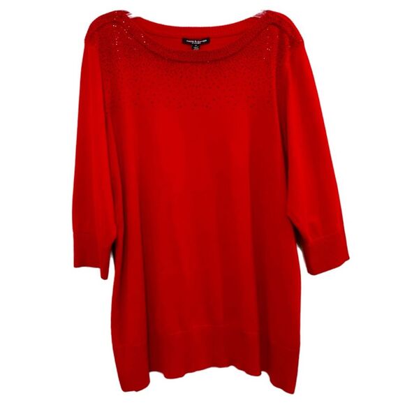 Cable & Gauge Sweater Women’s 2X Red Boatneck 3/4 Sleeve Rhinestone Neckline. - Picture 1 of 10